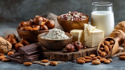 Fototapeta premium Healthy foods high in arginine: nuts, seeds, dairy, and dark chocolate