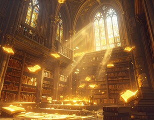 Fototapeta premium Ancient gothic library with golden sunlight streaming through stained glass, creating a mystical and magical atmosphere.