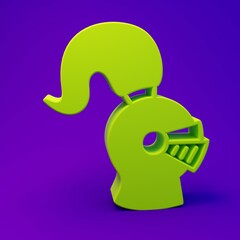 Green Medieval iron helmet for head protection icon isolated on purple-blue background. Knight helmet. Minimalism concept. 3D render illustration