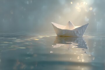 A peaceful paper boat floats on shimmering water with soft, dreamlike bokeh.