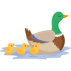 Cute Cartoon Mother Duck and Her Ducklings Swimming Together in Blue Water With Green Head and Yellow Bodies Detailed Pixel Art