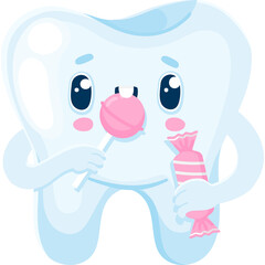 Cute Cartoon Tooth Character Holding a Pink Lollipop and Candy with a Transparent Background