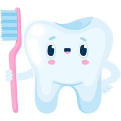 Cute Cartoon Tooth Character Holding a Pink Toothbrush with Blue Bristles on a Transparent Background Representing Dental Hygiene and Oral Care