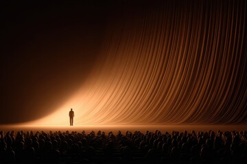 A solitary speaker illuminated by golden light, addressing a large audience.