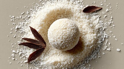 A single round dessert coated in shredded coconut sits atop a pile of more coconut on a speckled beige countertop, accented by three dark chocolate garnish pieces resembling leaves.