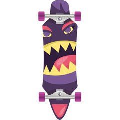 Purple Longboard Skateboard With Cartoon Monster Face Design And Pink Accents On Transparent Background