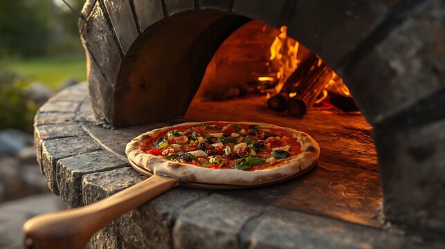 Artisan pizza emerging from a rustic stone wood-fired oven outdoors