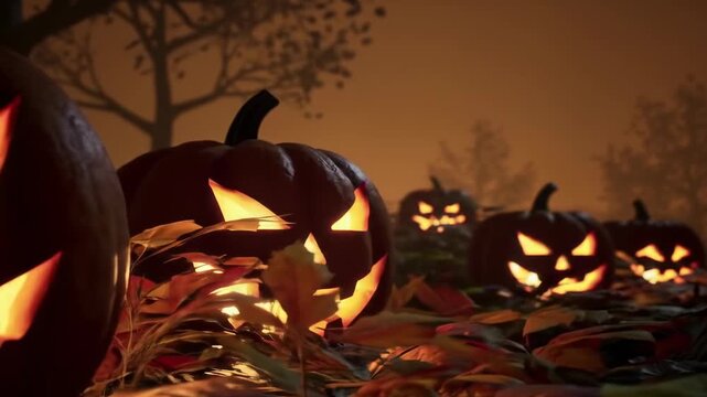 Spooky Halloween Jack-o-Lanterns Glow in Eerie Forest Night, Animated Pumpkin Faces.