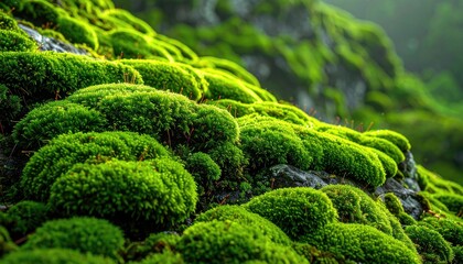 Vibrant Green Moss Clinging To Rocky Terrain In Soft Natural Daylight With Tiny Orange Spores Visible Close Up