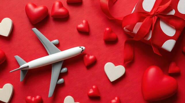A charming and romantic flat lay composition featuring a toy airplane, a gift box, and hearts on a red background