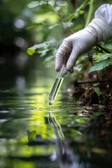 Scientist taking a water sample in a natural environment for analysis.