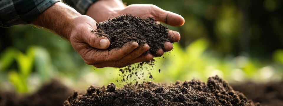 A close-up dynamic shot of a pair of hands with sleeves rolled up, sifting fertile soil