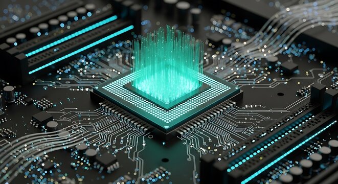 An illuminated central processing unit cpu or microchip on a detailed circuit board, with vibrant teal light beams projecting upwards, representing powerful computing and digital transformation