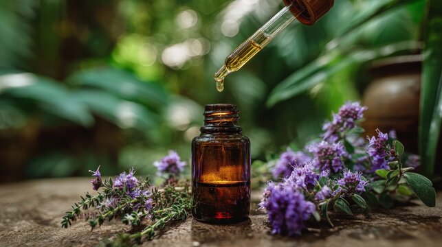 A drop of thyme essential oil falling from a dropper into a bottle among flowers