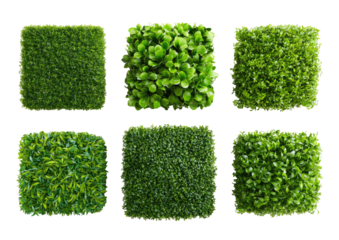 Six green, square fake grass samples on a black backdrop