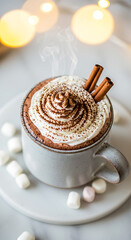 Hot chocolate with whipped cream and cinnamon sticks a winter treat