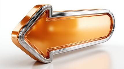 A reflective golden arrow shape with a polished silver trim against a clean white surface, indicating direction or a call to action. The lighting emphasizes its metallic sheen and smooth contours.
