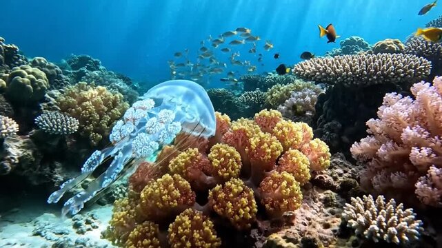 A mesmerizing underwater world with a graceful jellyfish swimming among vibrant corals and schools of fish.