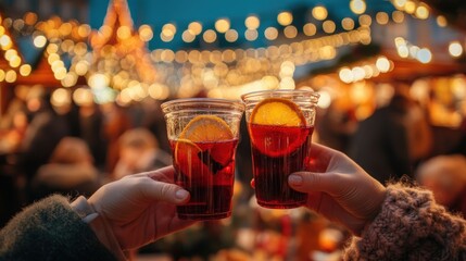 Mulled Wine Toast at a Christmas Market with Festive Bokeh