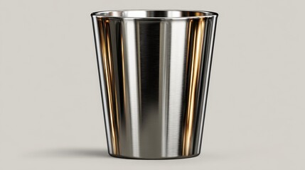 A close up studio shot of a metallic cup with a textured surface featuring vertical lines and reflections. The cup is placed on a neutral gray background, emphasizing its sleek and modern design.
