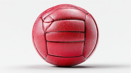 A close up studio shot of a shiny red volleyball with dark seams against a clean white background. The lighting highlights the textured surface and spherical shape of the ball.