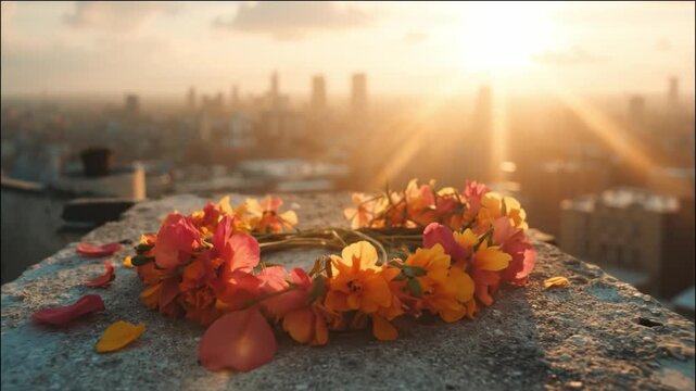 Colorful flower wreath rests on a concrete rooftop ledge overlooking a city skyline at golden hour with warm light creating a poetic urban contrast between nature and city