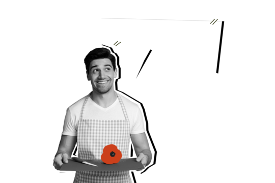 Composite trend artwork sketch image photo collage of silhouette young guy household hand hold desk flower gift knife speech cloud smile