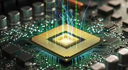 A golden central processing unit cpu on a circuit board, emitting vibrant green energy and lightning, symbolizing powerful computing, data transfer, and technological advancement