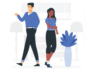 Obraz premium Man and woman standing in a room with lamps and a plant, appearing distant from each other Keywords: couple, man, woman, relationship, distance, separation, disagreement, awkwardness, indoor, room