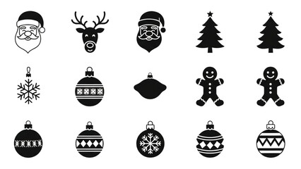 A collection of black silhouette icons representing traditional Christmas holiday symbols