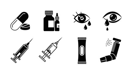 Medical Icons Pill, Dropper, Eye, Syringe, Inhaler, and Medication Symbols