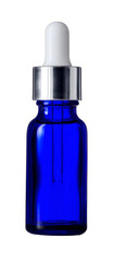 blue glass dropper bottle isolated on white background.