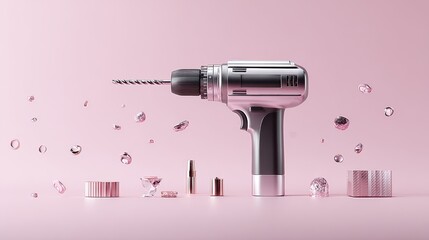 A close up shot of a silver power drill on a solid pink background, surrounded by scattered metallic pink and silver confetti, creating a festive and abstract composition.
