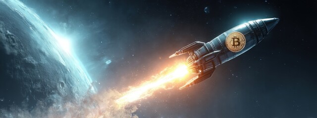 Futuristic Rocket with Bitcoin Symbol Flying Through Space Past a Planet