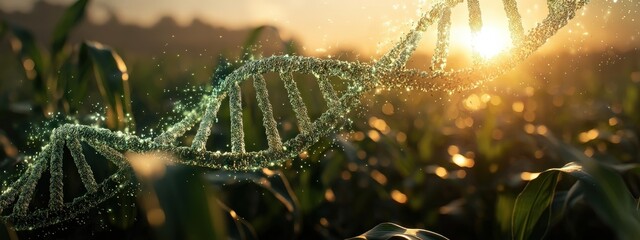 Glowing DNA Helix Emerging from a Corn Field at Sunset
