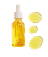 cosmetic oil: dropper bottle with serum drops on white background.