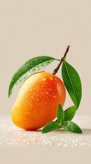 A vibrant single orange mango adorned with glistening water droplets and fresh green leaves rests on a smooth, light beige surface scattered with sugar granules.