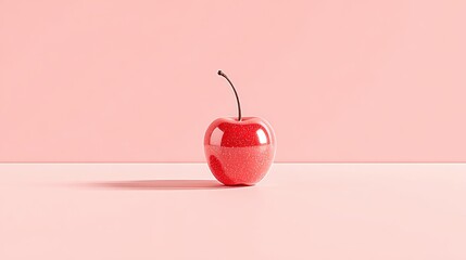A solitary vibrant red cherry adorned with scattered white specks sits centered on a pale pink surface against a matching backdrop, illuminated by gentle light creating a soft shadow.