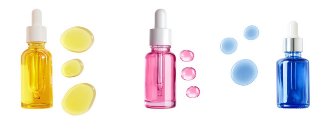 cosmetic serums. set of bottles with pipettes and oil drops on white background.