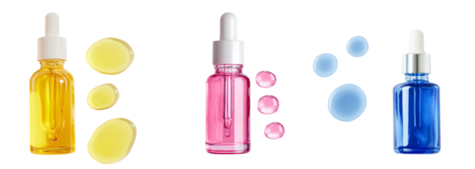 cosmetic serums. set of bottles with pipettes and oil drops on white background.
