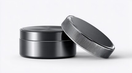Close up studio shot of a modern black metal cosmetic jar with a metallic textured lid, presented on a clean white background. The lid is slightly ajar, revealing the jar's sleek design.