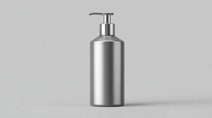 A clean and modern metallic silver dispenser bottle with a shiny chrome pump top sits against a simple, light gray backdrop, emphasizing its minimalist design and reflective surface.