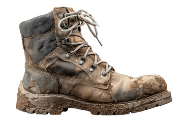 Dirty, used work boot with laces, covered in dried mud