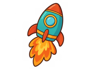 Cartoon spaceship vector leaving fiery exhaust trail for space exploration and cosmic journey concepts