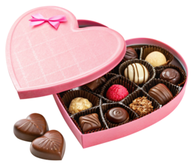 pink heart shaped box with delicious chocolates