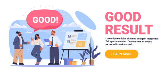 Good result business team celebrating achievement charts thumbs up office meeting collaboration modern workspace plants flat design web banner