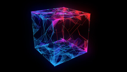 Abstract background 3D digital color wireframe cube in black ciberspace. 3D algorithm blockchain grid dinamic blocks. Big data. Multi core box. Artificial intelligence design.