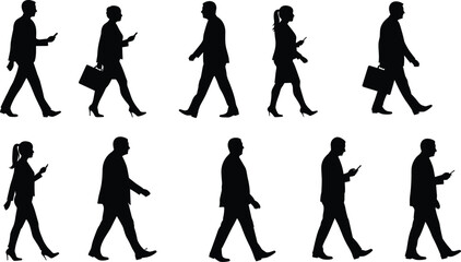 Obraz premium Silhouette business people walking, smartphone use, mobile work culture, digital communication, modern professionals, tech lifestyle, corporate mobility, connected workforce