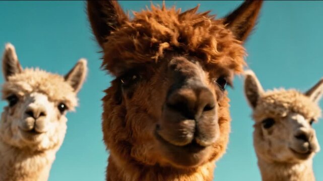 Close-up portrait of three llamas standing outdoors with clear blue sky background, fluffy faces looking directly into the camera with curious expressions