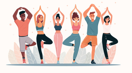 Group yoga class fitness people practicing tree pose diverse young adults activewear nature background wellness exercise concept website banner